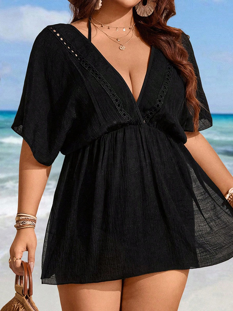 Été femmes grande taille Bikini cache Sexy dames maillot de bain en mousseline de soie maillot de bain plage manches noires couvrir Mini robe maillots de bain