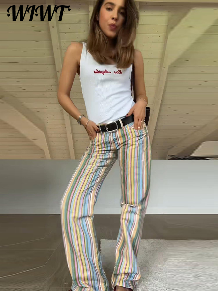 Jean rayé coloré 2026 Nouveau pantalon en denim long décontracté pour femme à taille basse, coupe large et poches contrastantes
