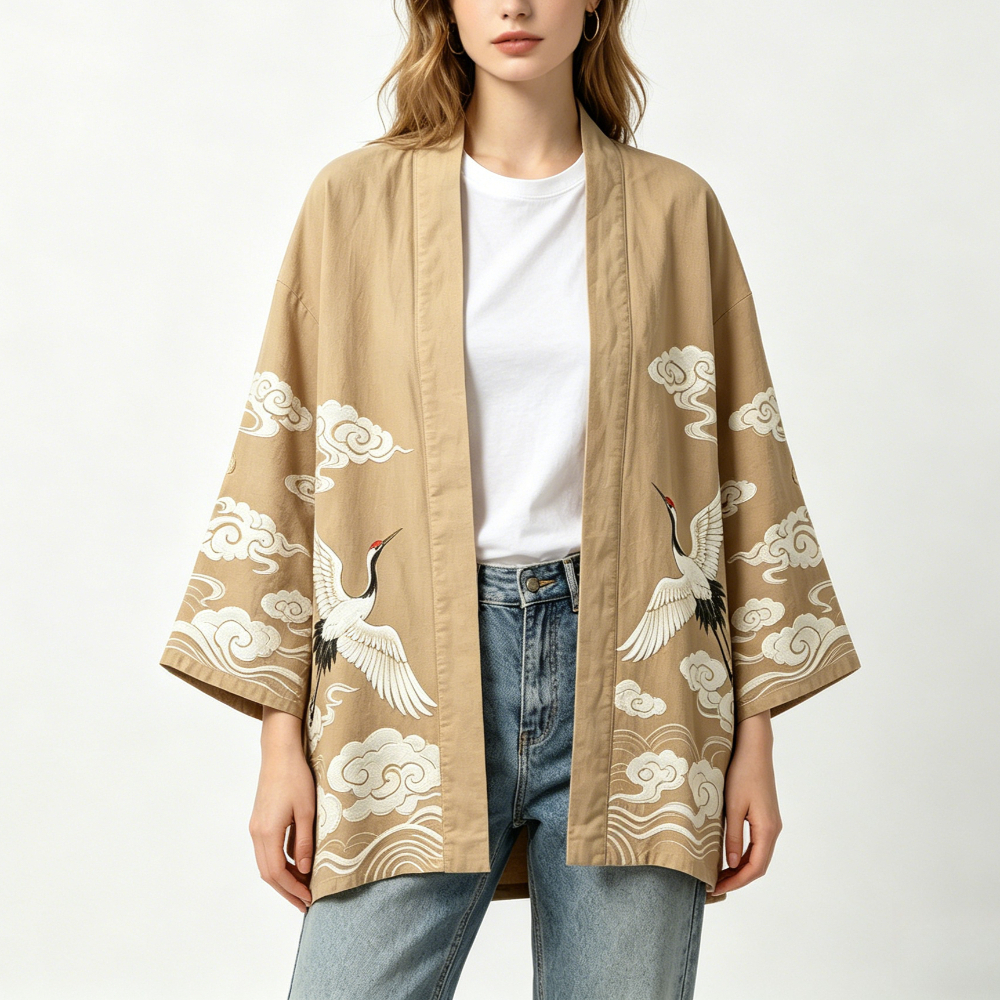 Kimono japonais en coton pour femmes et hommes, imprimé nuages et grues, Yukata ample, cardigan ouvert, style bohème, pour la maison et la plage