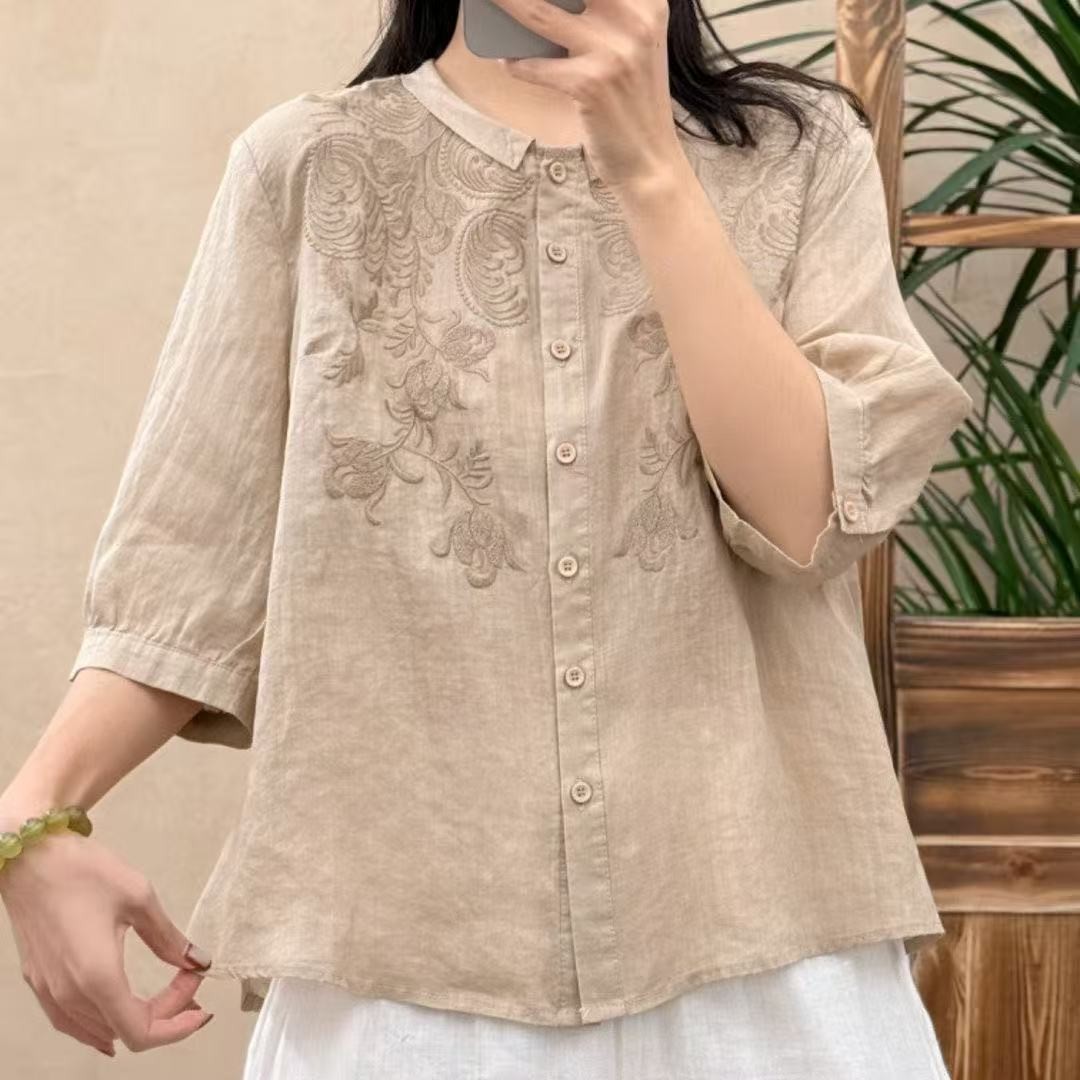 Chemisier brodé boutonné pour femme, manches 3/4, style lin léger, broderie florale, coupe décontractée, haut d'été