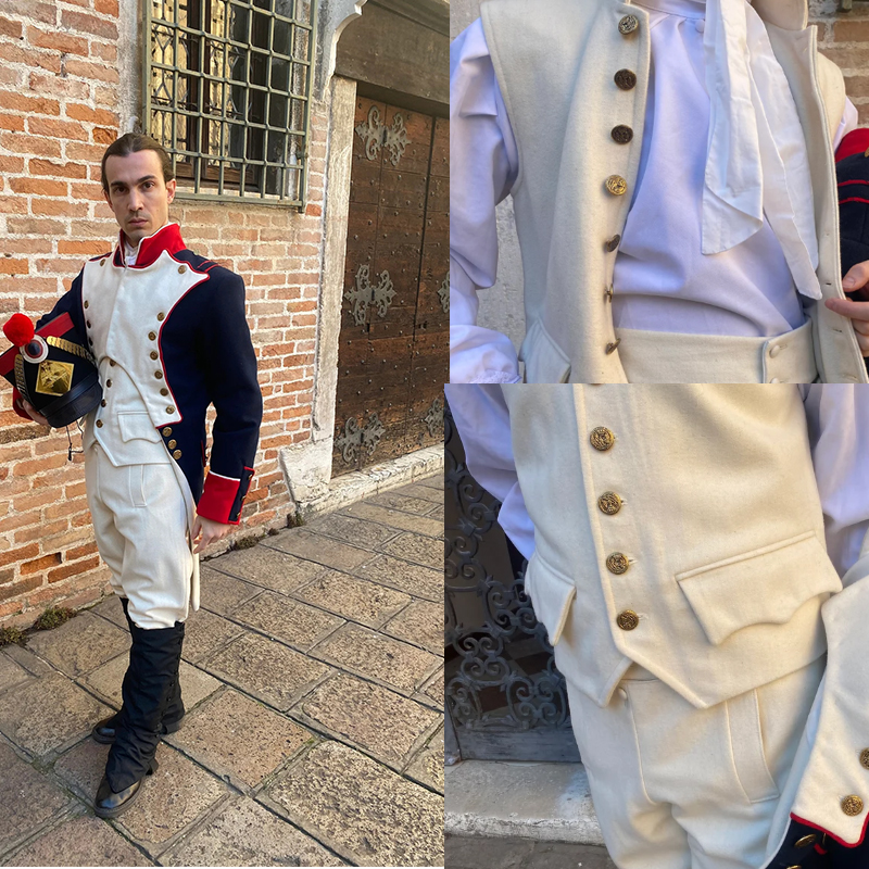 Costume de tailleur sur mesure d'officier militaire de l'ère napoléonienne, tenue d'officier militaire de la Révolution française du 18e siècle