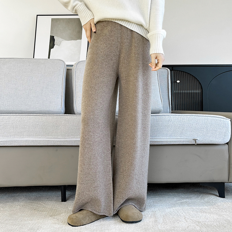 Pantalon décontracté en pure laine tricotée pour femme, nouvelle collection automne/hiver 2026, uni, taille haute, ample, chaud, à ourlet, jambe large, long