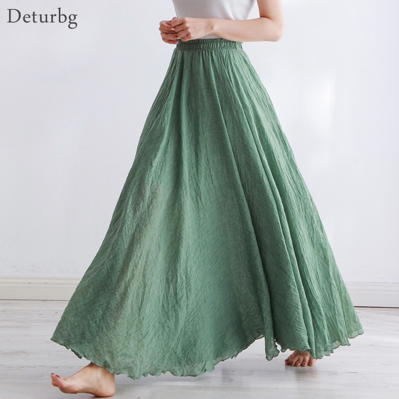 Jupe Maxi en coton et lin pour femmes, tenue de plage décontractée, taille haute, plissée, ligne a, style Boho