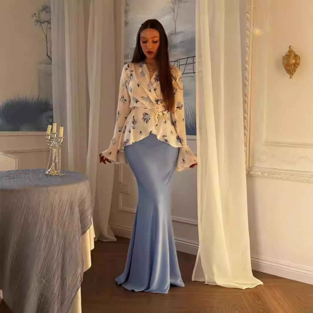 Femmes 2 pièces Ensemble musulman Blouse jupe fleur imprimé haut marocain dubaï Islam tenues 2025 arabe élégant Ensemble jupes longues costume