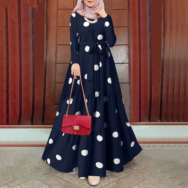 Abaya-Robe musulmane à manches longues et col rond pour femme, caftan décontracté avec ceinture imprimée épissée, Dubaï, Ramadan, Maroc, Eid