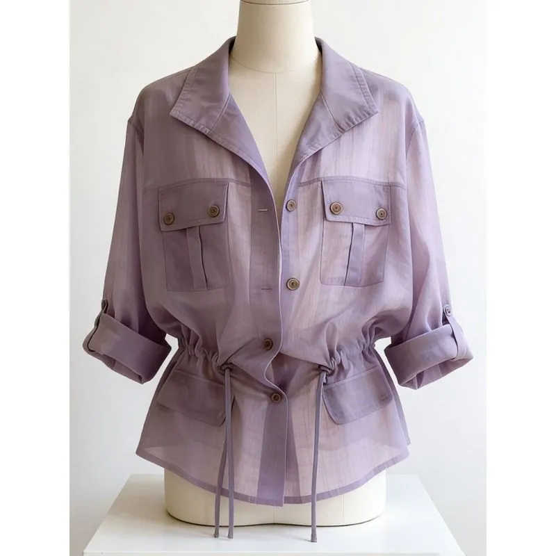 Chemisier d'été pour femme, jaune, bleu, violet, grande taille, nouveau modèle 2026, style luxe léger, avec cordon de serrage, chemise élégante