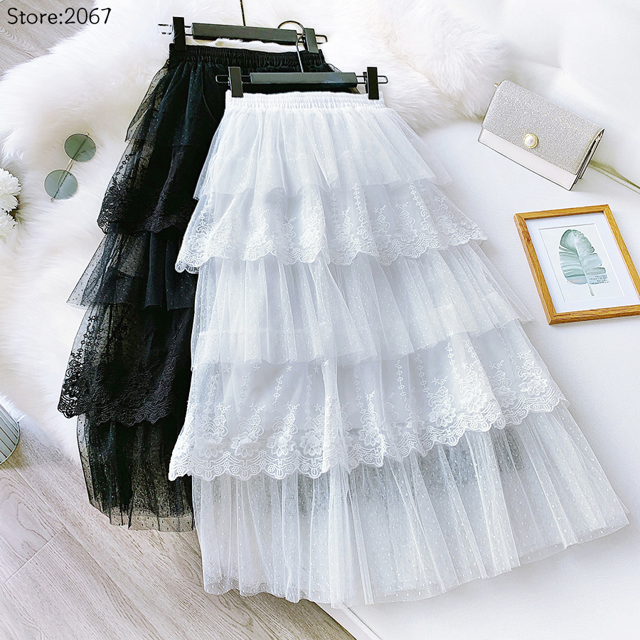 Jupes pour femmes, jupe style gâteau, mode printemps-été, jupes en dentelle, jupe longue amincissante taille haute pour femmes, jupe élégante en tulle