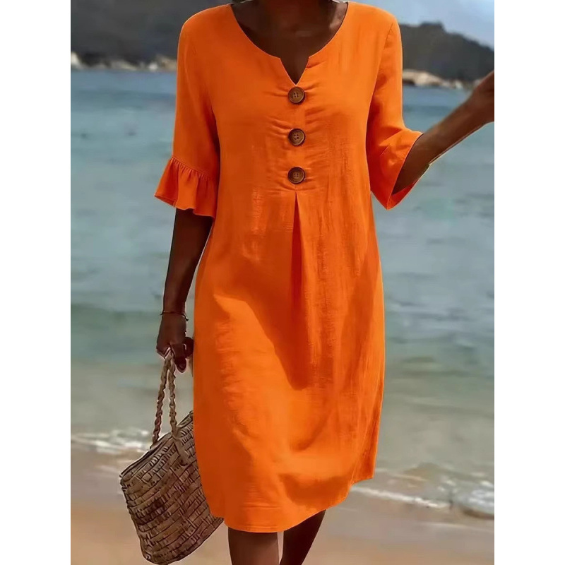 Robe en coton et lin à col en v pour femmes, nouveau style printemps-été, jupe mi-longue boutonnée sans manches, confortable, décontractée, à la mode
