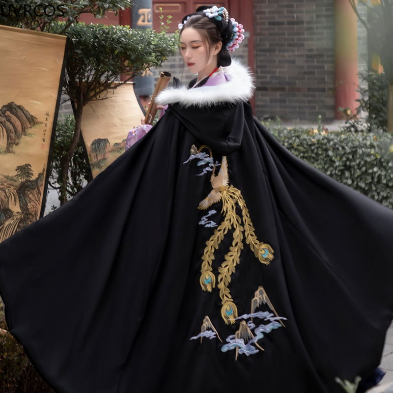 Cape Hanfu noire ancienne orientale pour femmes, Costume de princesse de Style chinois, manteau chaud à capuche brodé pour automne et hiver