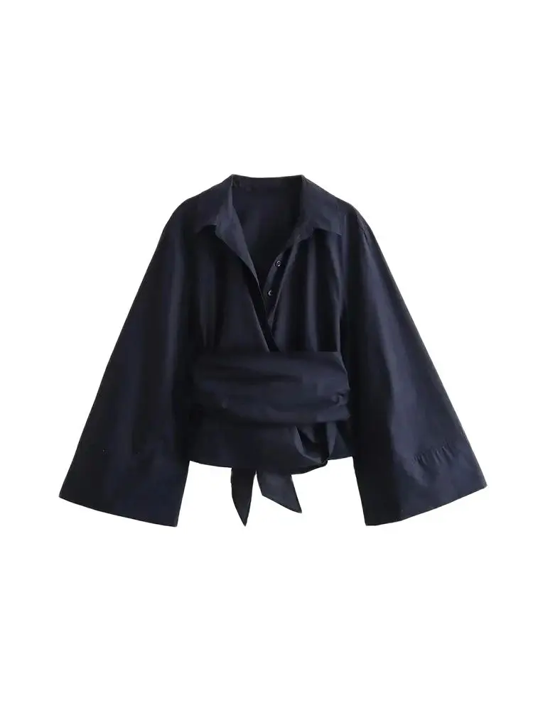 Chemisiers kimono à manches longues pour femmes avec nœud papillon, boutons sur le devant, chemises féminines, tops chics, mode
