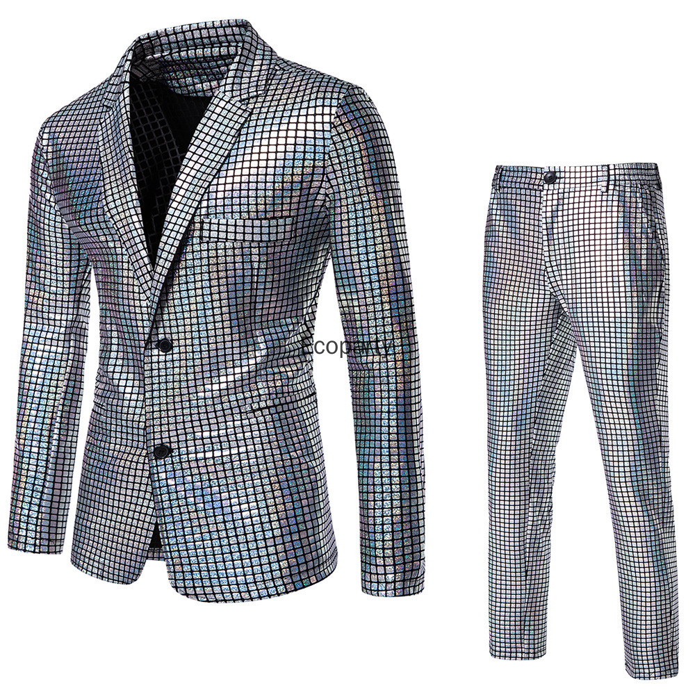 Costume de disco des années 70 pour homme, veste et pantalon à paillettes métalliques arc-en-ciel, costume de fête d'Halloween, ensemble brillant pour scène et boîte de nuit