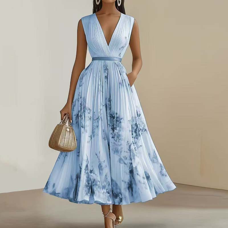 Femmes col en V sans manches fête drapée Maxi robes Vintage élégant bureau robe trapèze florale pour les femmes dame Chic robe de soirée