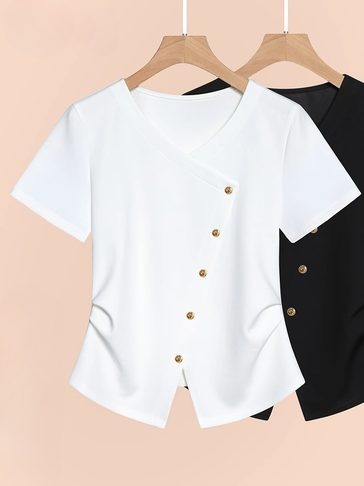T-Shirt blanc à la taille pour femmes, Style français, col en V, manches courtes, chemisier à la mode, été 2025