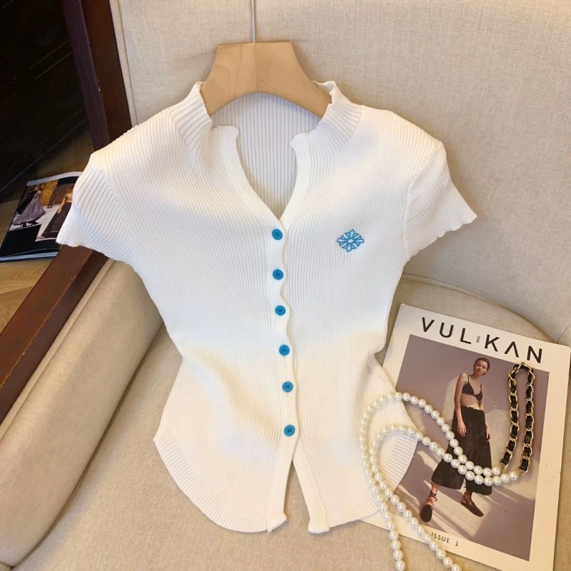 Blouse Femme d'Été Style Designer, Cardigan en Maille à Col V et Manches Courtes, Coupe Slim, Court, Confortable et Minimaliste