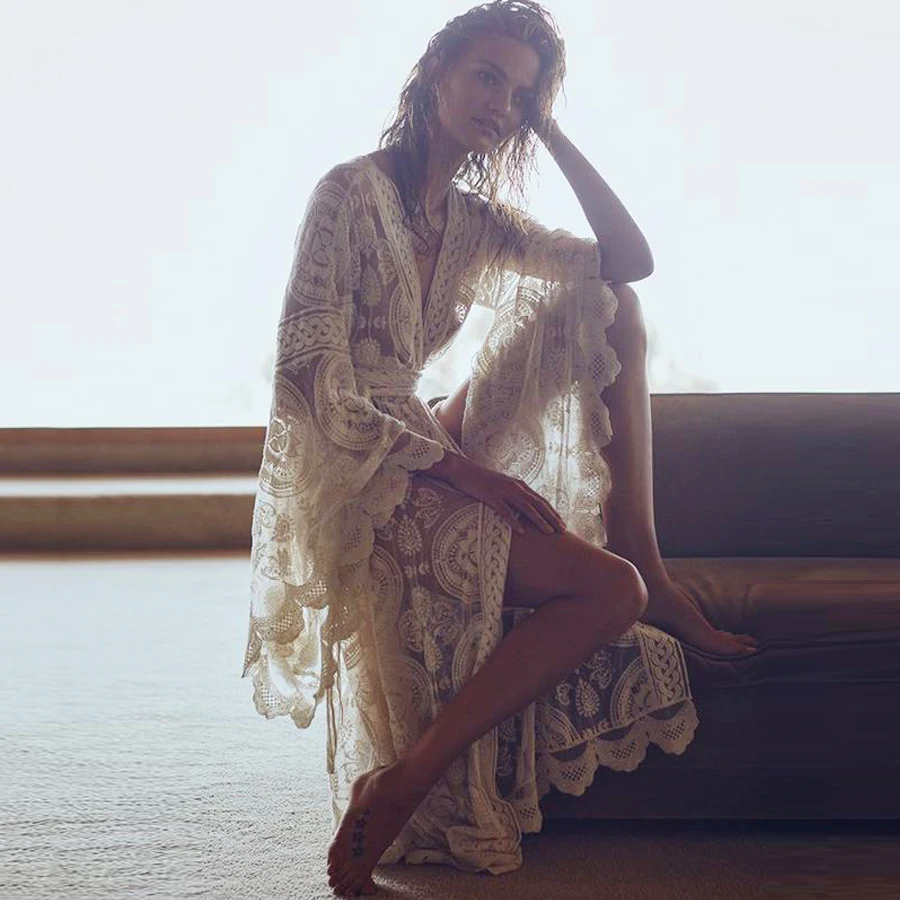 TEELYNN – Kimono à manches longues pour femmes, chemisier Boho en dentelle, broderie florale, Cardigan enveloppant sexy, vêtements de plage, chemisiers gitans pour femmes