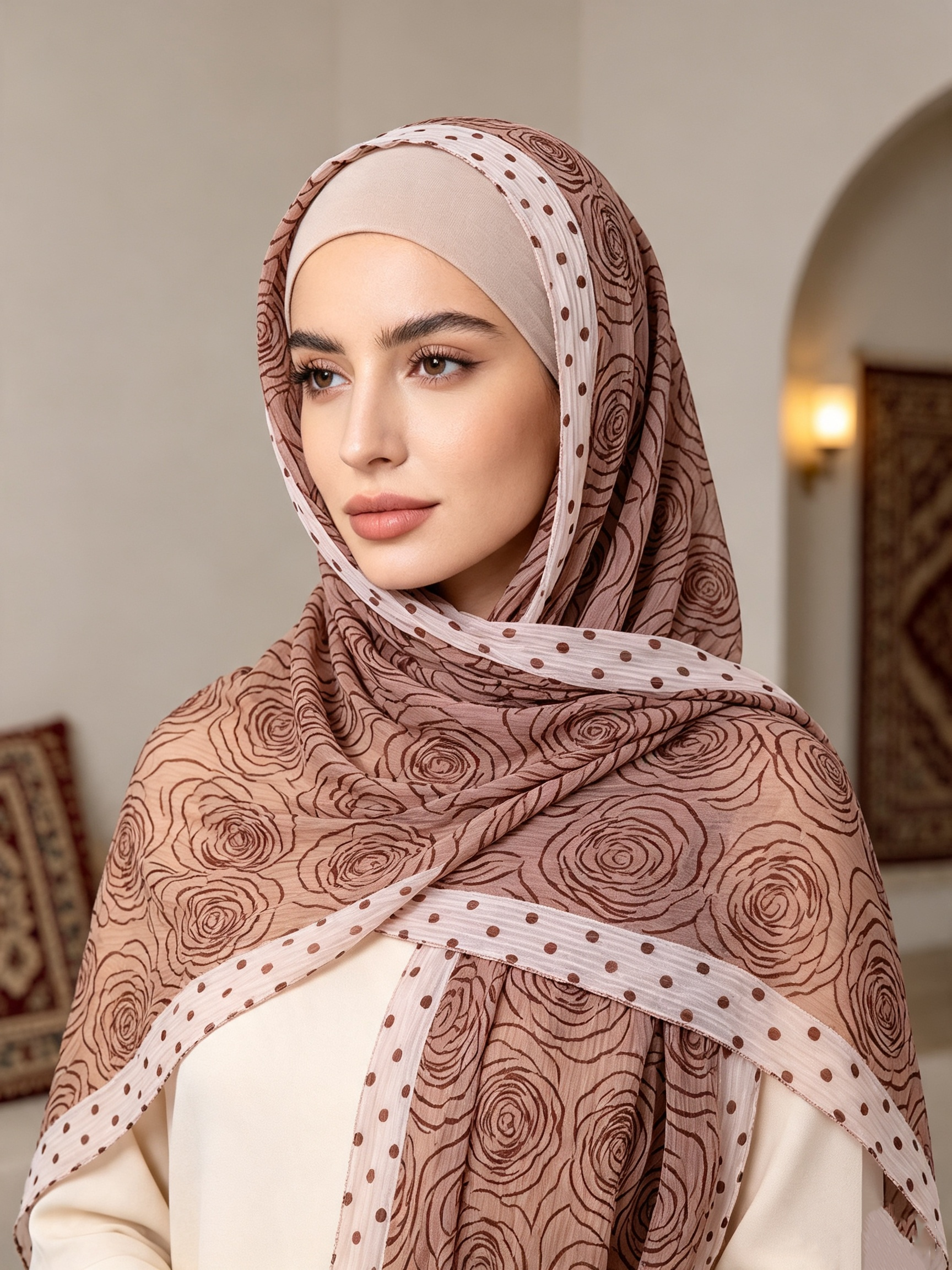 Écharpe à bordure à pois en mousseline froissée à imprimé rose, hijab châle de style turc, doux et léger, foulard pour femmes musulmanes.
