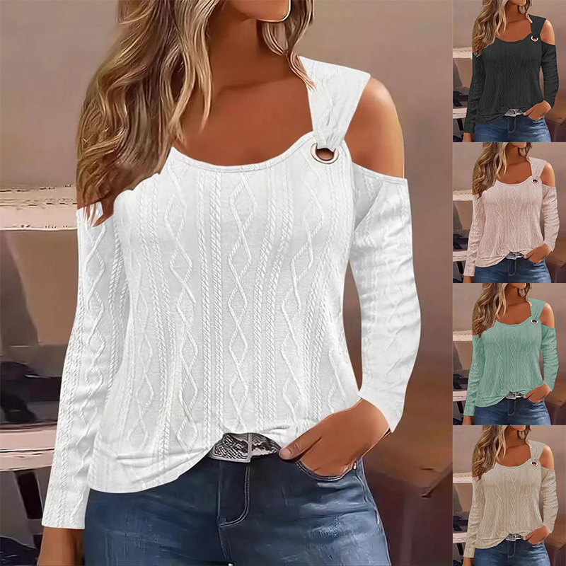 Printemps t-shirts pour femmes Sexy épaules nues à manches longues chemise femmes élégant décontracté solide pull ample noir blanc nouveau Jacquard