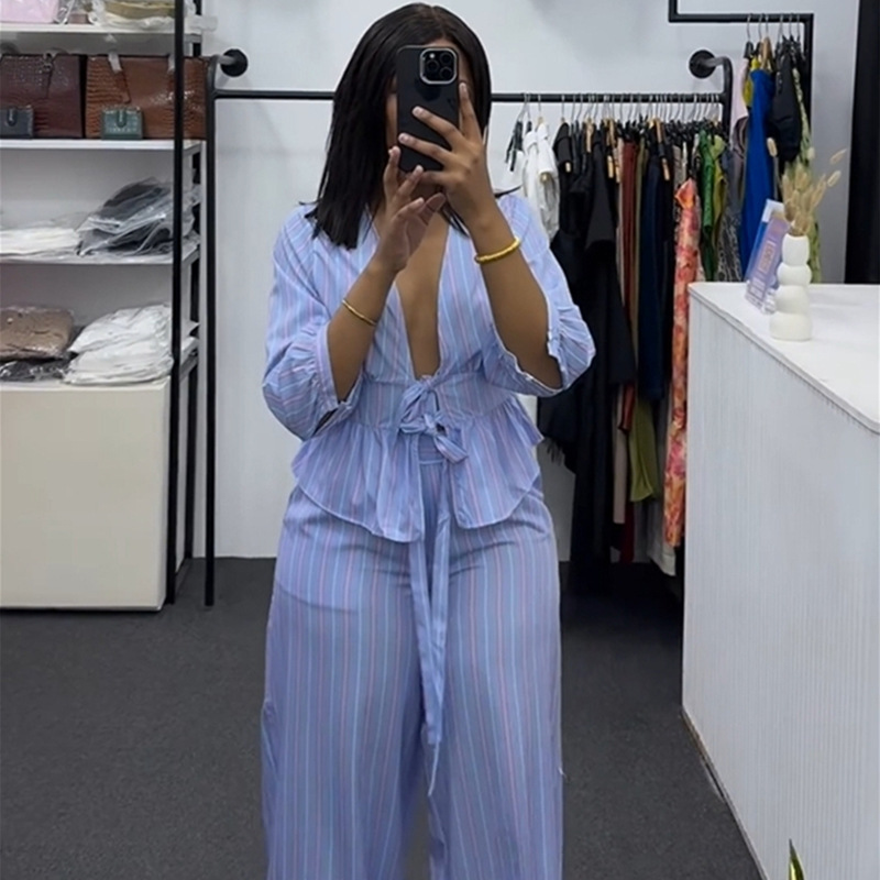 Ensemble deux pièces pour femmes, col en V, chemise à manches longues, hauts rayés, jambes larges, pantalons longs à lacets, taille haute, Streetwear Y2k, travail