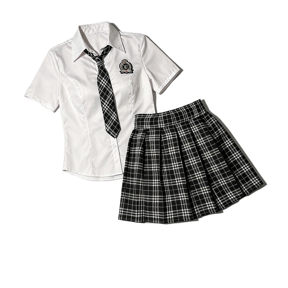 Costume sexy JK pour femme, ensemble 3 pièces, chemise à manches courtes avec jupe à carreaux, tenue scolaire preppy pour tous les jours, cosplay