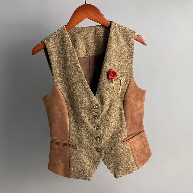 2025 mode printemps automne daim épissé laine gilet femmes court gilet col en v sans manches veste dame décontracté hauts mince manteau