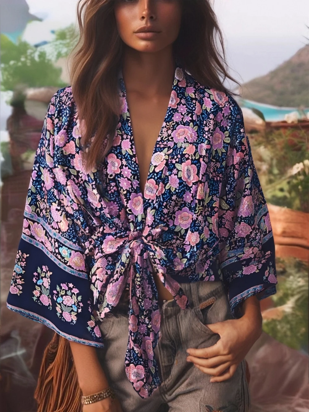 Boho Dinner ens Floral Robe Courte pour Femme, Kimono Cardigan, Maillots de Bain, Manches Chauve-Souris, Rayonne, Bohème Bikini Cover Ups, Beachwear, Mode