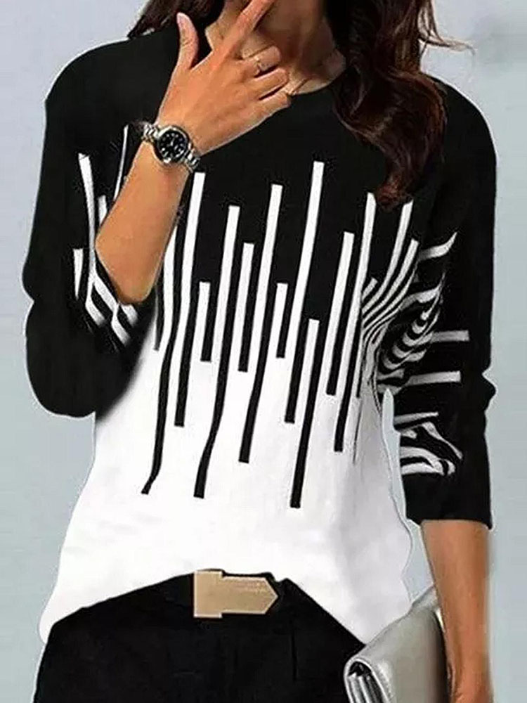 Femmes hiver Blouses t-shirt contraste géométrique à manches longues imprimé lâche femmes chemises printemps automne élégant montre de sport S-5XL