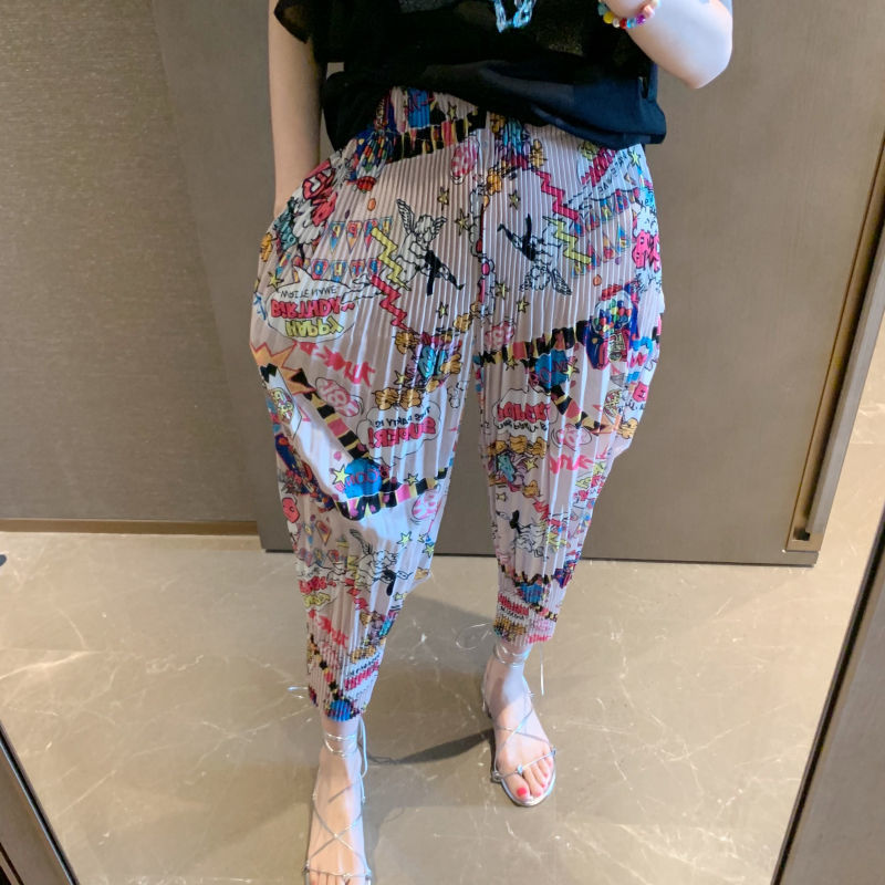 ChimKorean-Pantalon froncé taille haute élastique pour femme, poches imprimées, séchage rapide, droit, été
