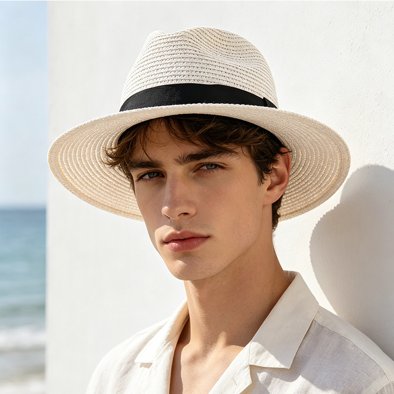 Chapeau de soleil jazz à large bord pour homme, chapeau Panama en paille dense avec ruban noir XKTYM07