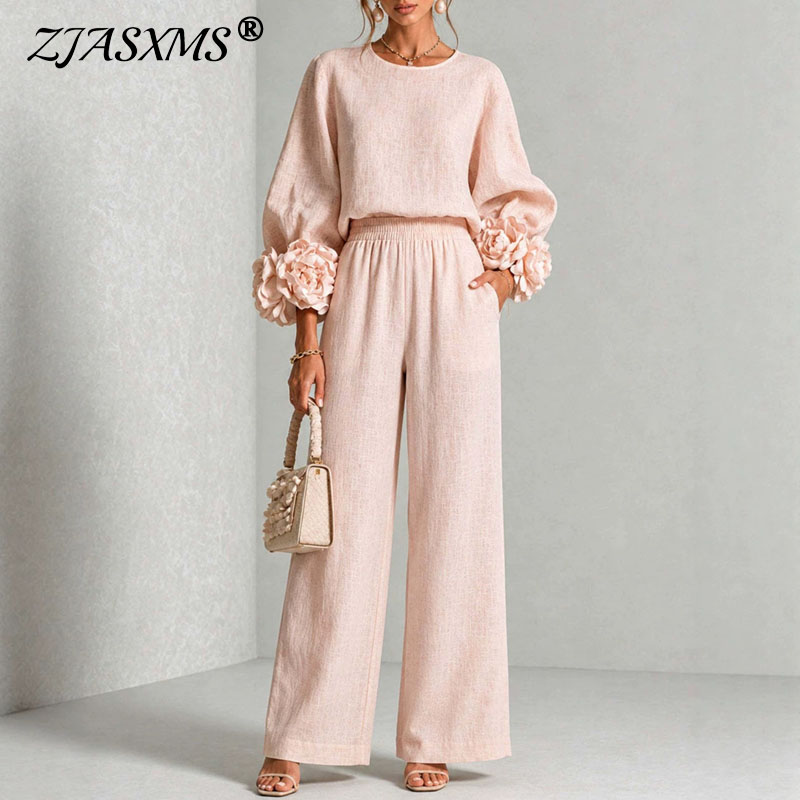 Ensemble 2 pièces pour femme : Haut à col rond et manches longues bouffantes avec motif floral 3D + Pantalon large à taille élastique – Tenue élégante pour les fêtes, décontractée ou de bureau