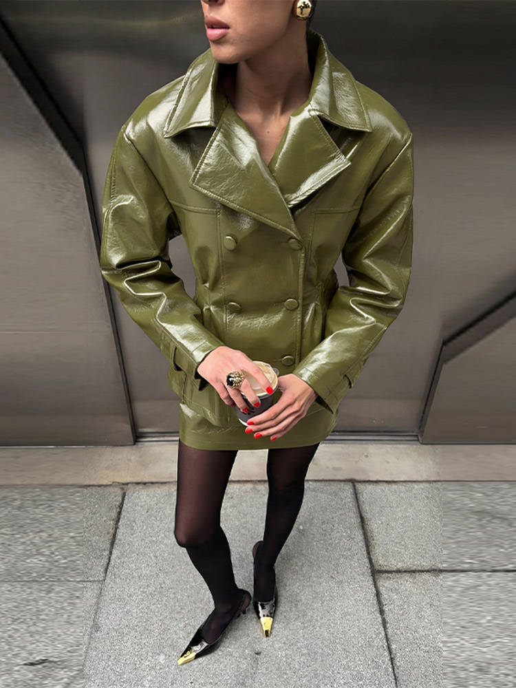 Mode femmes Faux cuir jupes ensemble col rabattu Double boutonnage taille manteau Mini jupe haute rue automne deux pièces ensembles