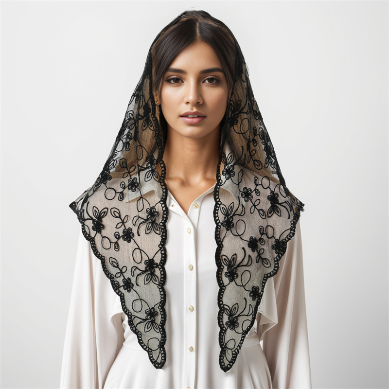Châle d'église brodé blanc pour femme, voile de dentelle, écharpe en polyester, bandana, prière d'église, mantille de mariage, chapelle, hijab à la mode