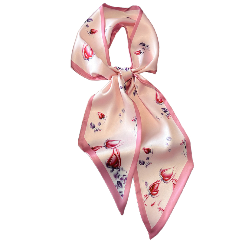 Châle de luxe à motif de fleurs roses pour femmes, longue et étroite, sensation de soie, petit foulard en soie, bandeau Double face, accessoires