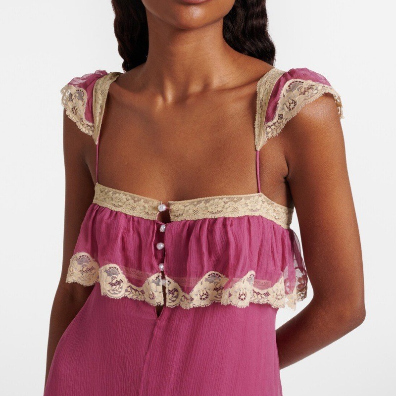Robe d'été pour femme, robe midi en dentelle, robe d'été sans manches, robe à bretelles spaghetti, robe dos nu, coupe ajustée, rose mauve