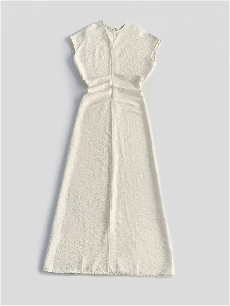Robe minimaliste mi-mollet pour femmes, col rond, fermeture éclair, drapée, plissée, élégante, été