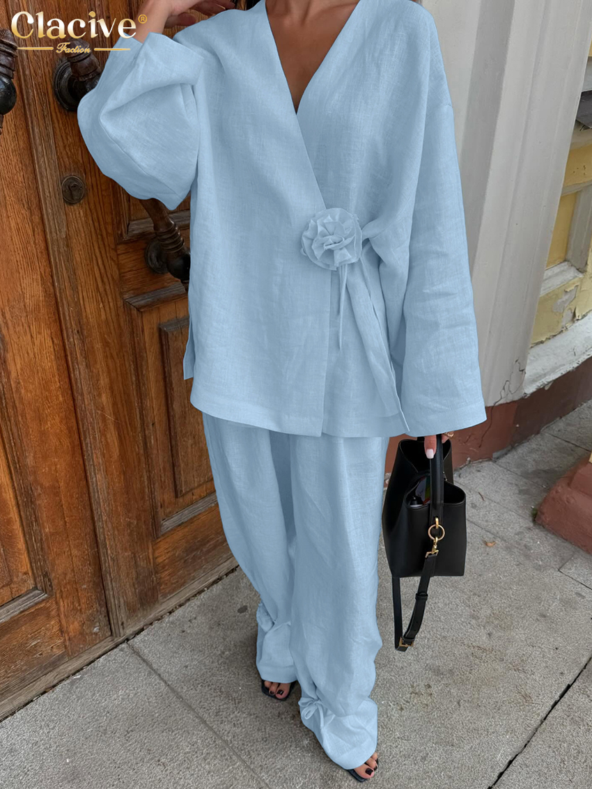 Clacive mode ample bleu deux pièces tenues femme 2025 élégant chemise à manches longues avec taille haute pantalon large ensemble vêtements féminins