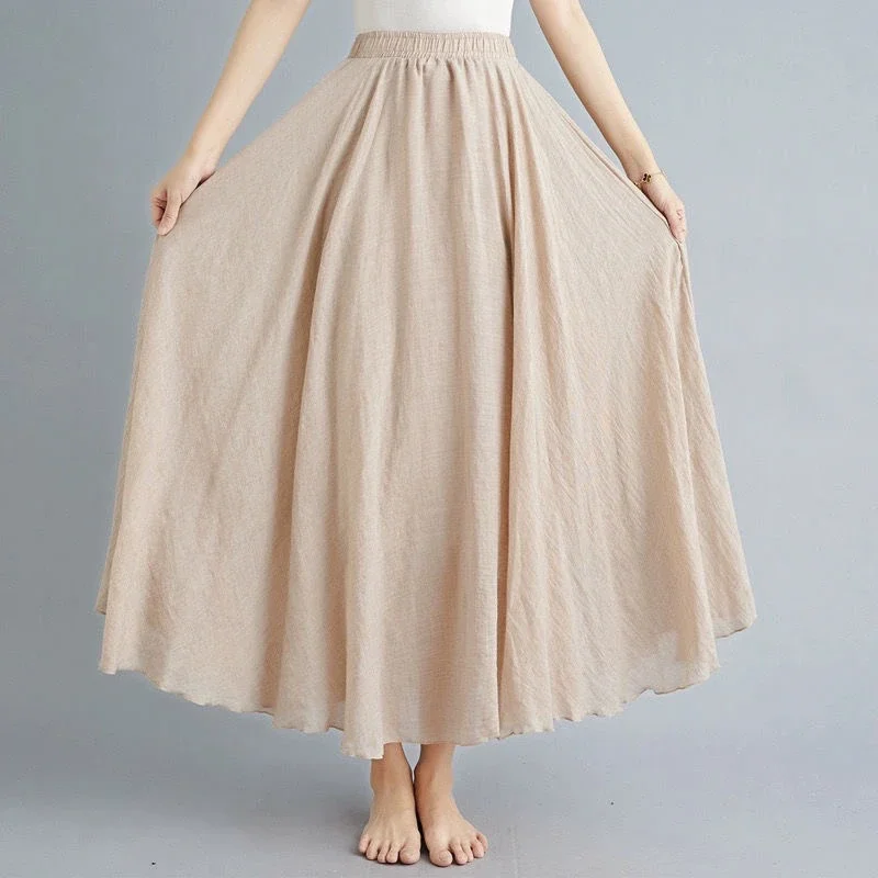 Boho Beach Jupe Femme - Lin Coton Mélange Taille Élastique Longue Plissée Maxi, Vintage Été Jupe Décontractée Faldas Saia