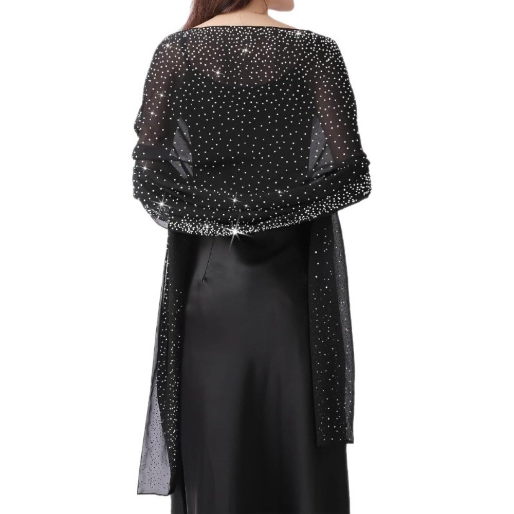 Châle en mousseline de soie pour femme avec strass, couleur unie, respirant, scintillant, transparent, doux et fin, idéal pour les soirées