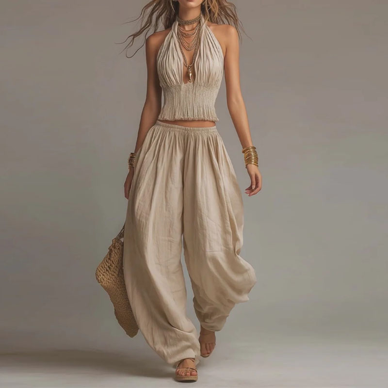 Ensemble 2 pièces bohème smocké : Crop top licou sans manches à col en V et dos nu + pantalon harem – Tenue décontractée pour femme, idéale pour les vacances printemps-été
