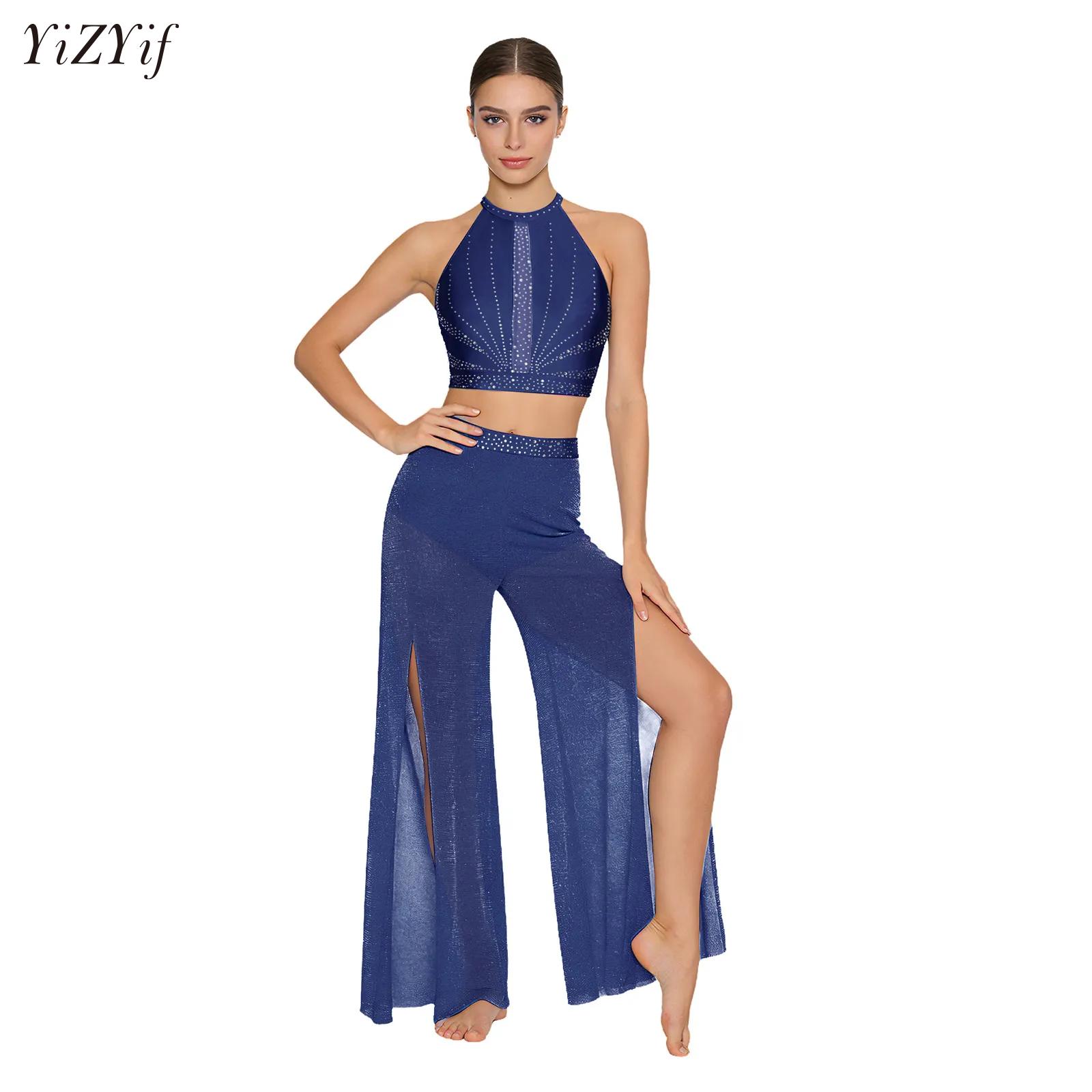 Ensemble de danse classique moderne pour femmes, haut en maille et pantalon large, tenue lyrique 2 pièces, costume de scène pour ballerine
