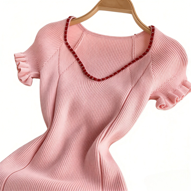 Robe mini moulante décontractée pour femme, rose, à manches courtes, col en V, avec volants, en tricot côtelé extensible, idéale pour les soirées et les clubs