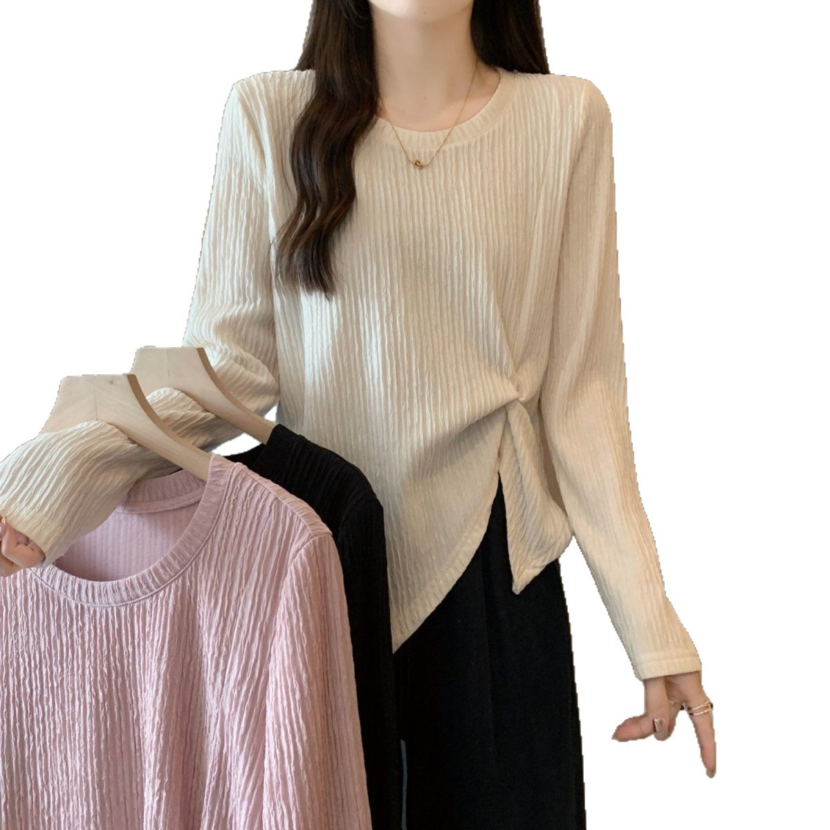 T-shirt à manches longues pour femmes, grande taille, nouvelle collection printemps-automne, couleur unie, ample et léger, texture irrégulière, à bords fendus