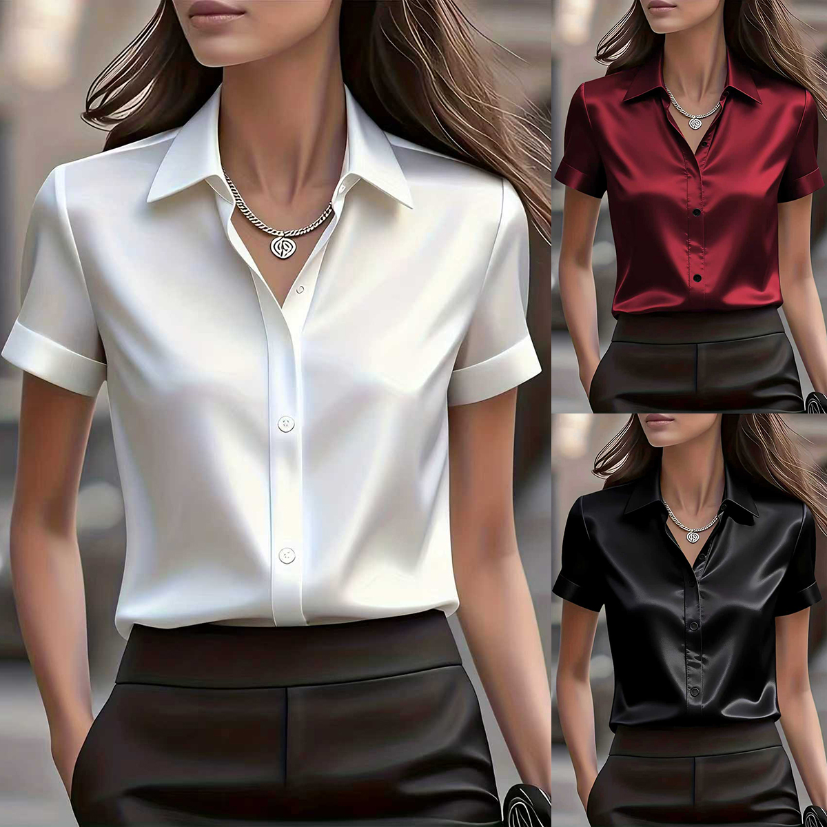 Chemise élégante en mélange de soie, coupe ajustée, polyvalente, à manches courtes, col en V, manches bouffantes, tunique pour femmes élégantes