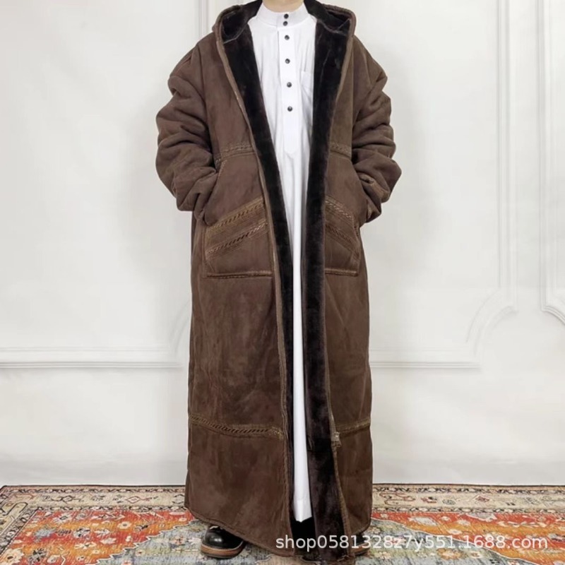 Qamis pour homme en faux daim, cardigan à capuche, épais, avec poches, chaud, hiver, musulman, islamique, arabe, Kaftan, Eid, prière, Jubba
