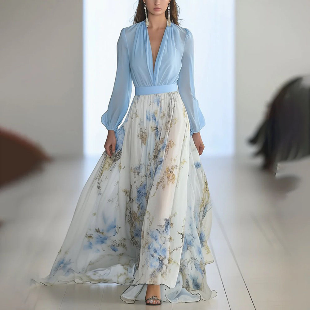 Robe Maxi élégante à manches longues pour femmes, mode d'été, Slim, imprimé Floral, col en v, robes longues blanches décontractées, 2025