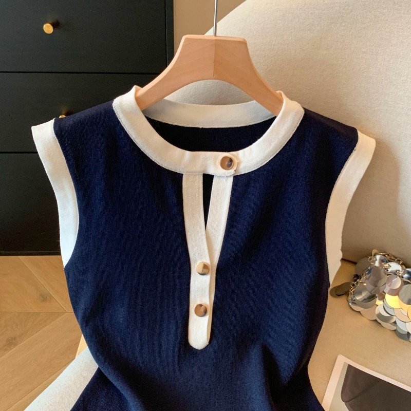T-shirt sans manches élégant pour femme, col rond boutonné, tricot colorblock, débardeur d'été élastique pour le quotidien