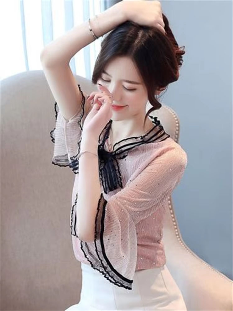 Chemisiers en Chiffon et Dentelle pour Femme, Style Printemps-Été, Décontractés, à Manches Courtes Évasées et Col Nœud Papillon, Blusas et Hauts