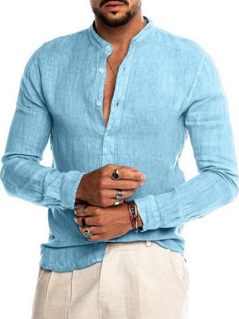 Chemise à manches longues en lin bleu clair pour hommes - Chemises décontractées boutonnées à col montant pour l'été et le printemps
