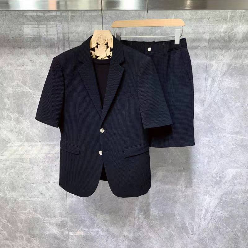 Costumes à manches courtes pour hommes, vestes et Shorts de Style coréen, tissu pied-de-poule Simple et solide, ensembles deux pièces confortables et ajustés