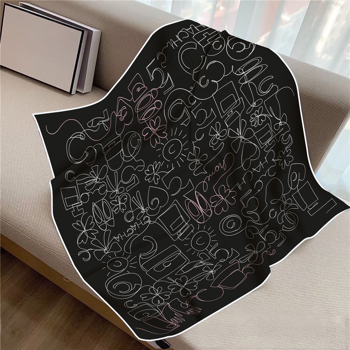 Nouveau Foulard Carré de Voyage pour Femme en Twill Noir et Blanc Peint à la Main, 90 cm, Protection Solaire, Châle, Écharpe, Voile