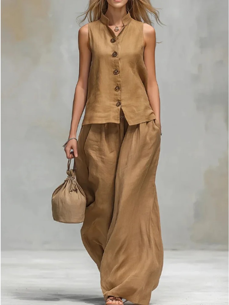 Ensemble deux pièces d'été pour femme : Gilet sans manches à col montant et pantalon large en coton et lin